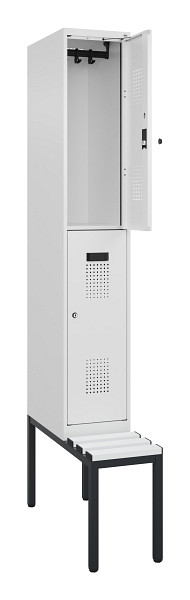 C+P Doppelstock-Spind Evolo PLUS, Bank, 2 Fächer, 2120x300x815mm, 9016/9016, Zylinderschloss, Sitzfläche Kunststoff, Sitzbank, 0493507-10 S10135