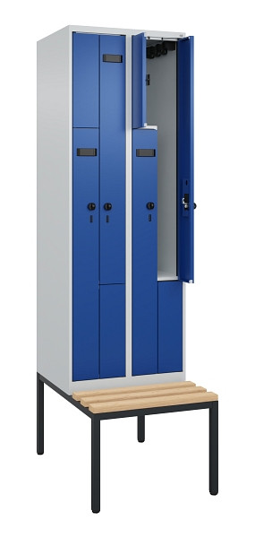 C+P Z-Spind Evolo PLUS, Bank, 4 Fächer, 2120x600x815mm, 7035/5010, Drehriegel, Sitzfläche Buche-Hartholz, Sitzbank, 0490537-204 S10014