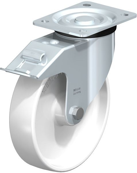 Blickle L-PPN 200R-FI Stahlblech-Lenkrolle, mittelschwere Ausführung, mit Anschraubplatte & Feststeller, Polypropylen, Weiß, 762824