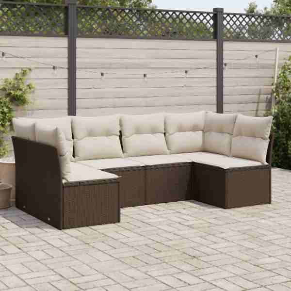 vidaXL 6-tlg. Garten-Sofagarnitur mit Kissen Braun Poly Rattan, UV-beständig, 3249232