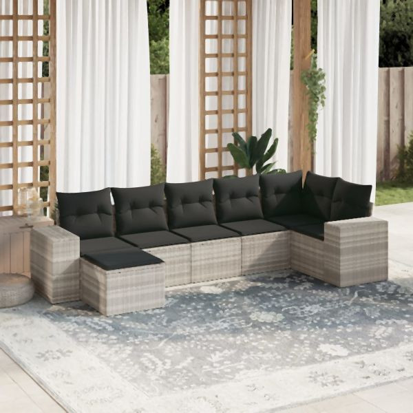 vidaXL 7-tlg. Garten-Sofagarnitur mit Kissen Hellgrau Poly Rattan, 3255219