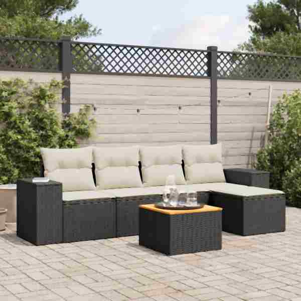 vidaXL 6-tlg. Garten-Sofagarnitur mit Kissen Schwarz Poly Rattan, UV-beständig, 3225419