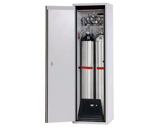 asecos Gasflaschenschrank feuerbeständig G90, 2 x 50 l Flaschen, B 600 mm, Tür links, grau/gelb, 210384