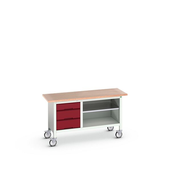 bott verso mobile Kastenwerkbank mit Schubladenschrank mit 3 Schubladen / offenem Schrank, BxTxH: 1500x600x830mm, Lichtgrau / Purpurrot, 16923212.24