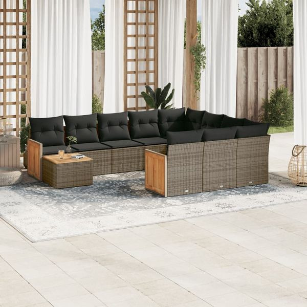 vidaXL 11-teilig Garten-Sofagarnitur mit Kissen Grau Poly Rattan, 3228048