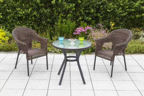 Merxx Ravenna Set 3-teilig, 2 Stapelsessel, 1 Tisch Ø 70 cm, matte Glasplatte, graphit/schoko, Aluminiumgestell mit Kunststoffgeflecht, 50399-210