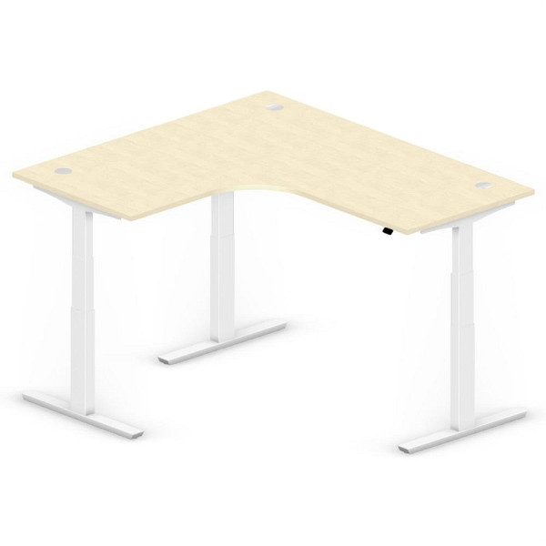 Deskin XXL Sitz-/ Stehschreibtisch Jumbo MULTI M, Ahorndekor, T-Fuß-Stahlgestell in Weiß RAL 9016, linksseitig geformt, 295130