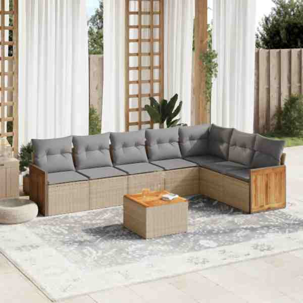 vidaXL 8-tlg. Garten-Sofagarnitur mit Kissen Beige Poly Rattan, UV-beständig, 3227718