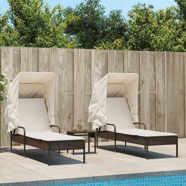 vidaXL Sonnenliegen 2 Stück mit Dach und Tisch Braun Poly Rattan, 3261570