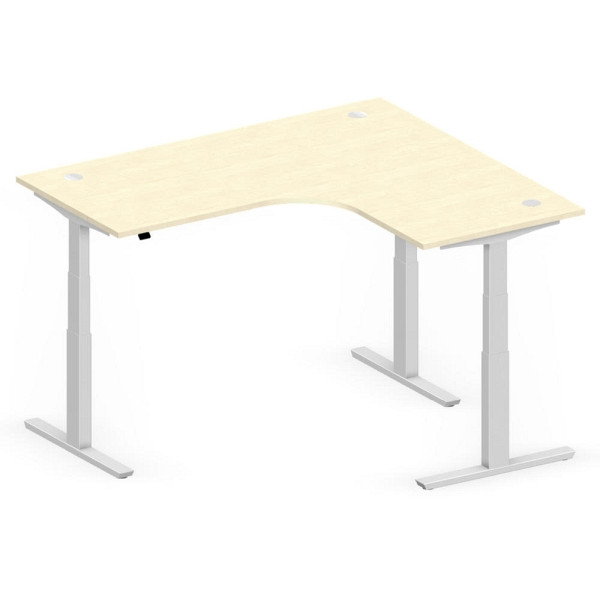 Deskin XXL Sitz-/ Stehschreibtisch Jumbo MULTI M, Ahorndekor, T-Fuß-Stahlgestell in Alusilber RAL 9006, rechtsseitig geformt, 295106