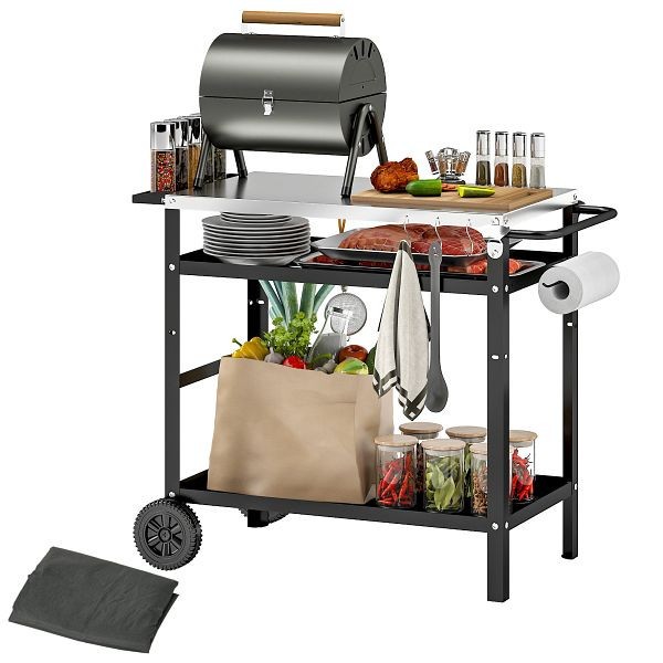 Outsunny Grillwagen 3-Etagen Servierwagen mit Arbeitsfläche Griffe Hülle Räder, BBQ Grilltisch Edelstahl 100x52x80cm Schwarz, 846-155V00BK
