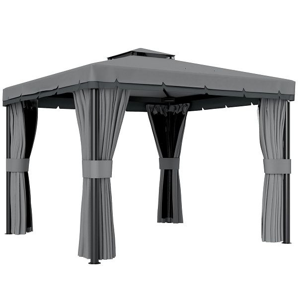 Outsunny Pavillon ca. 3x3m Wasserabweisend Stabil Winterfest Gartenpavillon mit Doppeldach Reißverschluss-Moskitonetze, 84C-269V00GY