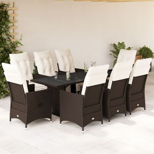 vidaXL 9-tlg. Garten-Bistro-Set mit Kissen Braun Poly Rattan, 3276922