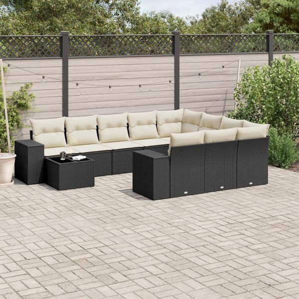 vidaXL 11-teilig Garten-Sofagarnitur mit Kissen Schwarz Poly Rattan, 3223125