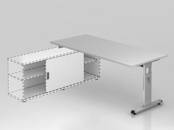 Hammerbacher Anbauschreibtisch T-Fuß 180x80cm, Grau/Silber, Rechteckform, Aufsatz auf Sideboard 1758, VOSE19/5/S