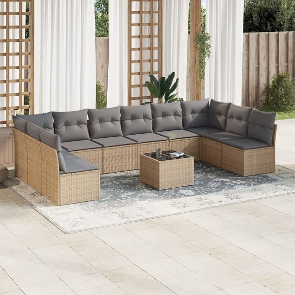 vidaXL 11-teilig Garten-Sofagarnitur mit Kissen Beige Poly Rattan, 3249938