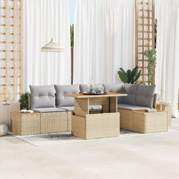 vidaXL Garten Sofagarnitur Set aus 6 Beige Rattan, Polyester, Stahl, 3350072