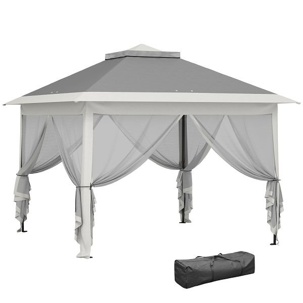 Outsunny Faltpavillon, Gartenpavillon, Metall und Stoffplane, Netzvorhänge, Entwässerungslöcher, 330L x 330B x 288H cm, Dunkelgrau, 84C-300V01CG