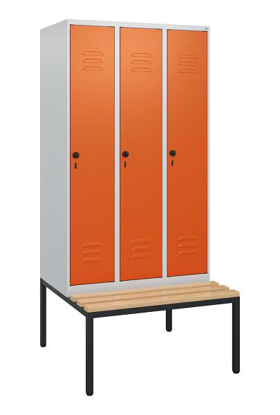 C+P Umkleidespind Classic PLUS, mit untergebauter Sitzbank, 3 Abteile, 1950x900x815mm, 7035/2004, Drehriegel, Buche-Sitzleisten, 0800505-30 S10060