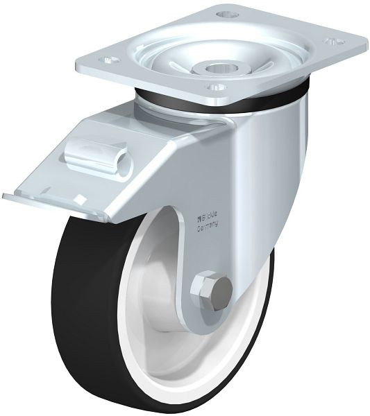 Blickle LK-POTH 150R-FI Stahlblech-Lenkrolle, schwere Ausführung, mit Anschraubplatte & Feststeller, Thermoplastisches Polyurethan, Grau, 622324