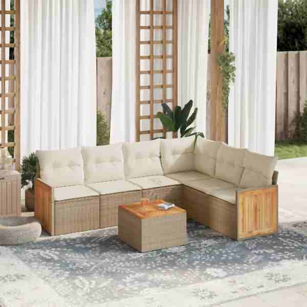 vidaXL 7-tlg. Garten-Sofagarnitur mit Kissen Beige Poly Rattan, UV-beständig, 3260091