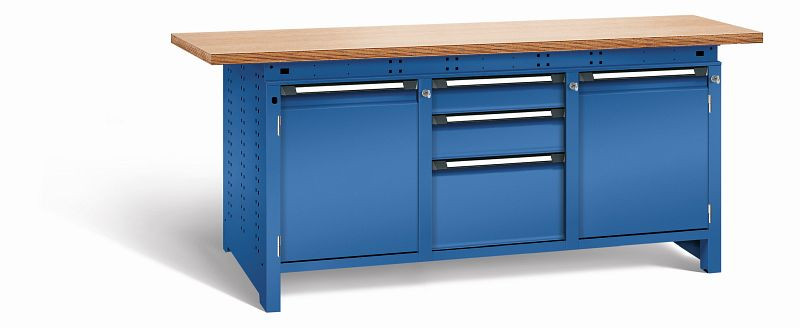 Otto Kind Werkbank Serie function Typ 310, Multiplexplatte 40 mm, überstehend, 2x Unterbau + mittleres Feld, komplett RAL 5010, 072365213