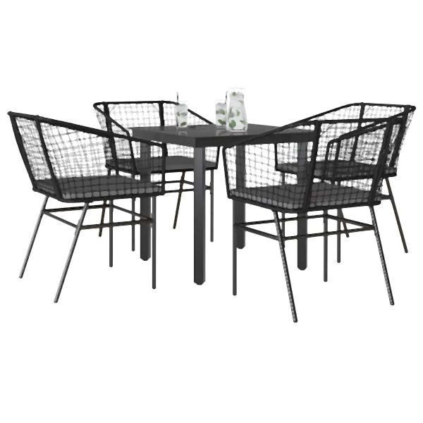 vidaXL 5-teilig Garten-Essgruppe mit Kissen Schwarz Poly Rattan Glas, 3334598