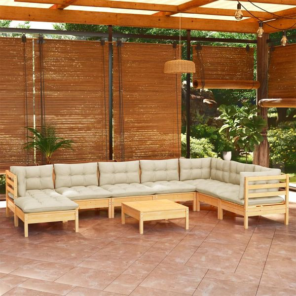vidaXL 9-teilig Garten-Lounge-Set mit Creme Kissen Massivholz Kiefer, 3096665