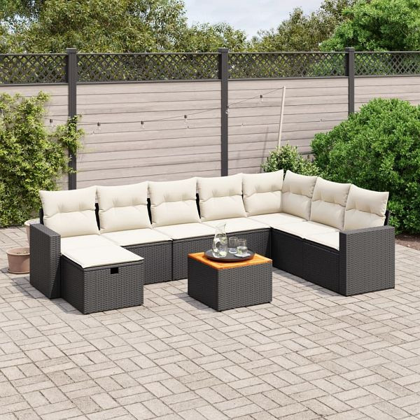 vidaXL 9-tlg. Garten-Sofagarnitur mit Kissen Schwarz Poly Rattan, 3264871