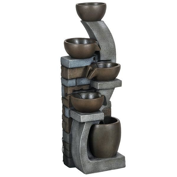 Outsunny Gartenbrunnen, Backsteinoptik, 5-stufig, Solarbetrieb, LEDs, 107 cm, Kunstharz, Grau/Braun, 844-822V00MX