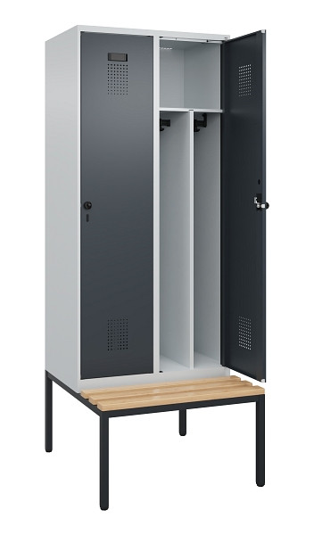 C+P Spind Evolo PLUS, 2 Abteile, 2120x800x815mm, 7035/7016, Haken 4, Drehriegel, Sitzfläche Buche-Hartholz, Sitzbank, Trennwand, 0490507-22F S10012