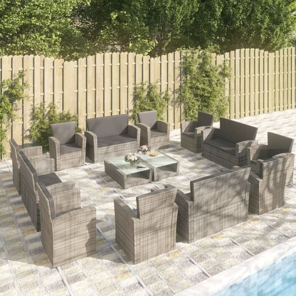vidaXL 16-teilig Garten-Lounge-Set mit Kissen Poly-Rattan Grau, 3095946