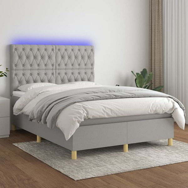 vidaXL Boxspringbett mit Matratze & LED Hellgrau 140x200 cm Stoff, 3135677