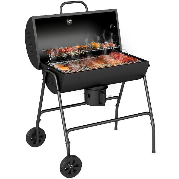 Outsunny Holzkohlegrill aus Metall BBQ Smoker mit Deckel Thermometer Räder Grillwagen 95x71,5x102 cm Schwarz, 846-147V00BK