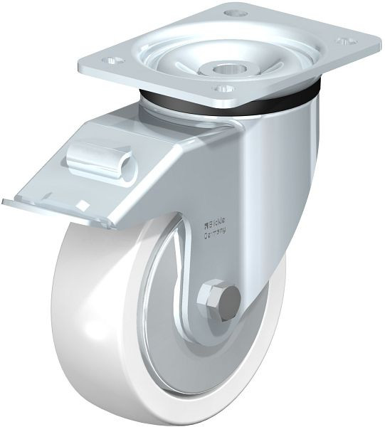 Blickle LK-SPO 150K-FI-FA Stahlblech-Lenkrolle, schwere Ausführung, mit Anschraubplatte & Feststeller, Polyamid, Weiß, 750531