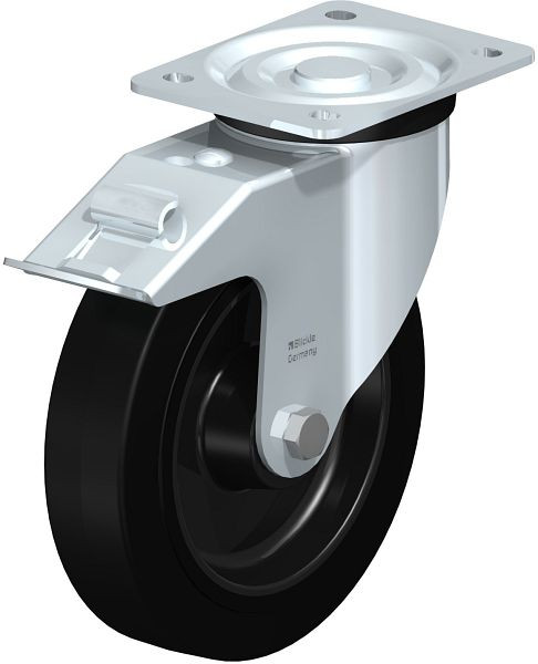 Blickle L-POEV 200XR-FI Stahlblech-Lenkrolle, mittelschwere Ausführung, mit Anschraubplatte & Feststeller, Elastik-Vollgummi, Schwarz, 850721