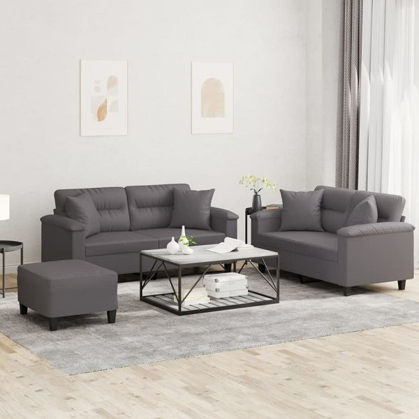 vidaXL 3-teilig Sofagarnitur mit Kissen Grau Kunstleder, 3202379