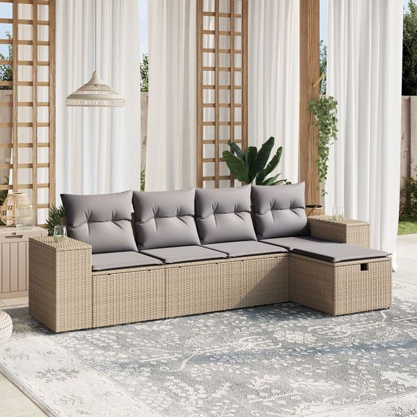 vidaXL 5-teilig Garten-Sofagarnitur mit Kissen Beige Poly Rattan, 3264395