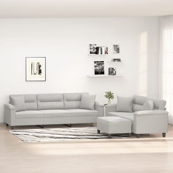 vidaXL 3-teilig Sofagarnitur mit Kissen Hellgrau Mikrofasergewebe, 3154038