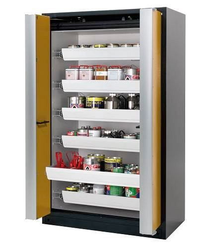 asecos Feuerbeständiger Gefahrstoffschrank Select W-126F, 6 Auszugswannen, Falttüren gelb, 233805