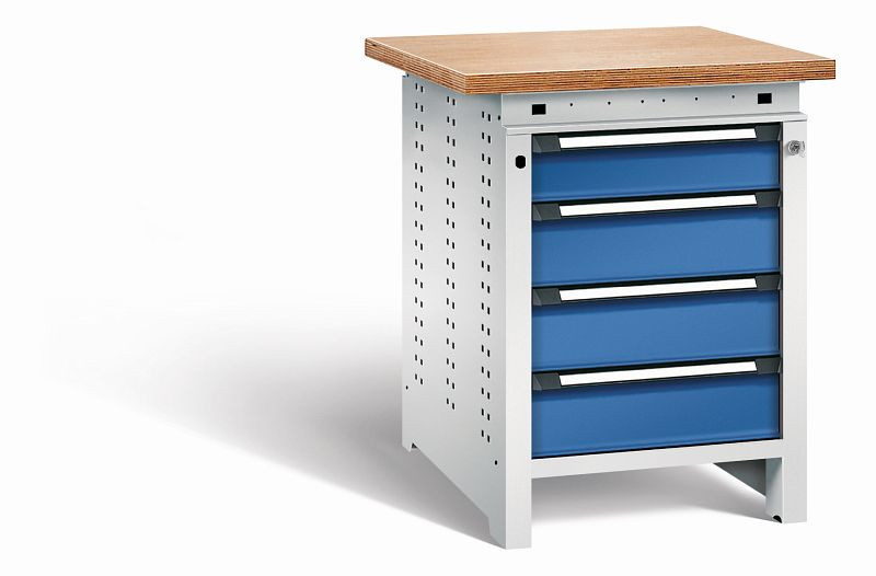Otto Kind Werkbank Serie function Typ 107, Multiplexplatte, überstehend, 4 Schubladen, mit Zentralverschluss, Gehäuse RAL 7035, Front RAL 5010, 072324286