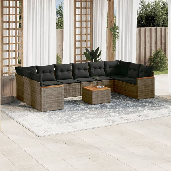 vidaXL 11-teilig Garten-Sofagarnitur mit Kissen Grau Poly Rattan, 3226333
