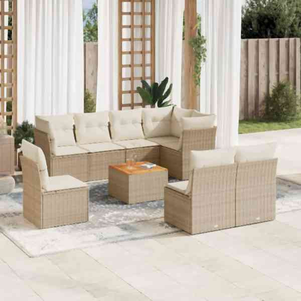vidaXL 9-tlg. Garten-Sofagarnitur mit Kissen Beige Poly Rattan, UV-beständig, 3256072