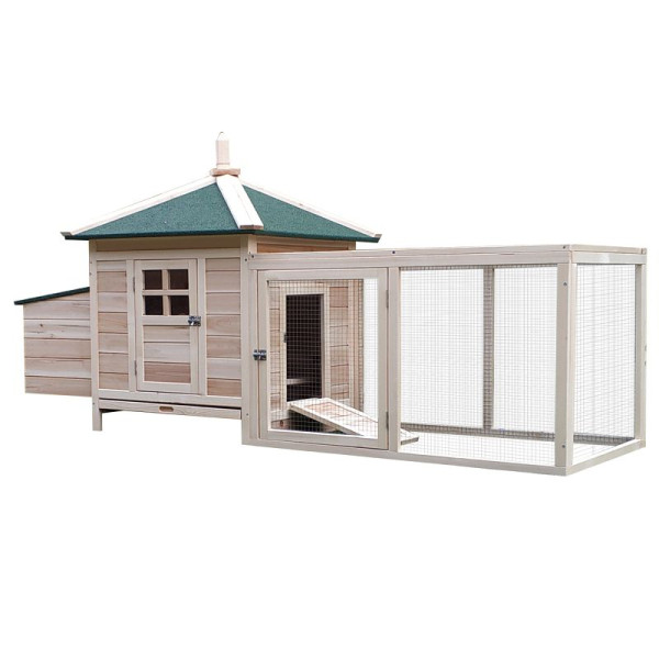 PawHut Hühnerstall für Zwerghühner 196 x 76 x 97 cm Hühnerhaus mit Nistkasten, Freilaufgehege Sitzstange, Kleintierstall aus Holz, Natur, D51-092