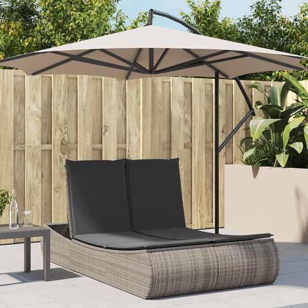 vidaXL Doppel-Sonnenliege mit Kissen Grau Poly Rattan, 368092