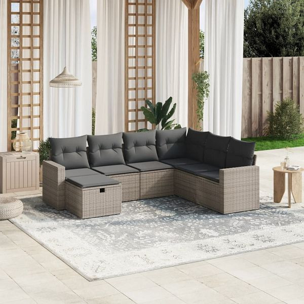 vidaXL 7-tlg. Garten-Sofagarnitur mit Kissen Grau Poly Rattan, 3263526