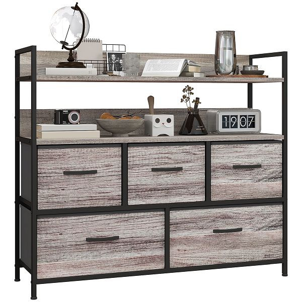 HOMCOM Stoff-Kommode, 5 faltbare Schubladen, 2 Regale, Stahlrahmen, 98 x 29 x 85 cm, Grau, 831-762V00GY