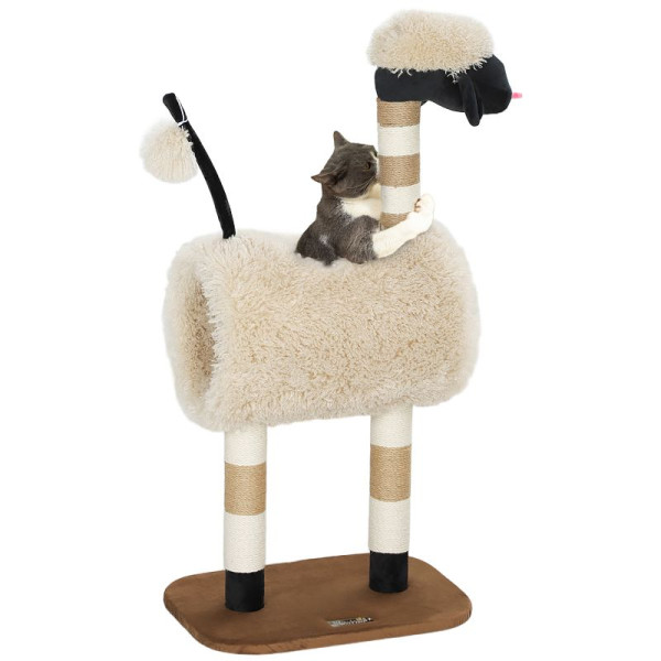 PawHut Katzenbaum im Schaf-Design, mit Kratzpfosten, Tunnel, 98 cm, Hellbraun, D30-831V00LR
