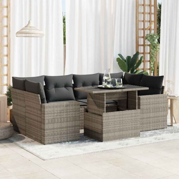 vidaXL 7-tlg. Garten-Sofagarnitur mit Kissen Grau Poly Rattan, 3326271
