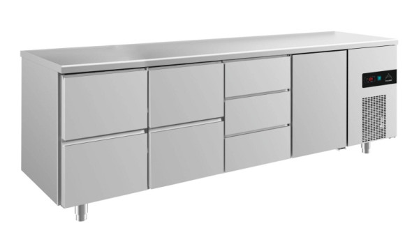 A&S Polarny Kühltisch -2 bis +8°C mit 1x Tür rechts, 2x zwei Schubladen und 1x drei Schubladen mittig-rechts, 2330 x 700 x 850 mm, KT4ZZDT